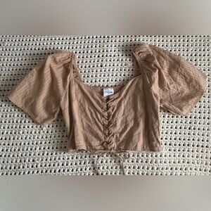 Women’s A & F  Sz.L Tan Cinch Tie Crop Top Puff Sleeve Coquette Boho Peasant